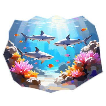 A dramatic underwater scene featuring several sharks gliding gracefully through a vibrant coral reef ecosystem. The sharks, with sleek bodies and sharp fins, swim among a variety of colorful corals and marine life. Brightly colored fish dart in and out of the coral formations, adding to the lively environment. Sunlight filters down through the water, illuminating the scene and casting shimmering patterns on the sandy ocean floor below. Sea plants sway gently in the current, enhancing the dynamic feel of the underwater landscape.