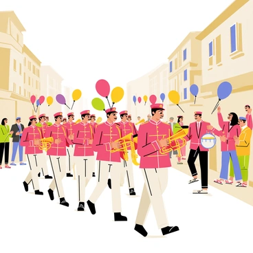 A festive marching band parading through the streets of Marseille. The band consists of musicians wearing bright red and white uniforms, complete with shiny gold buttons. There are brass instruments, including trumpets and trombones, shining under the sunlight. Colorful banners wave as the band marches along, accompanied by lively drummers in matching attire. The streets are lined with cheering spectators, some waving flags and others holding colorful balloons. Historic buildings of Marseille serve as the backdrop, adding to the vibrant atmosphere of the parade.