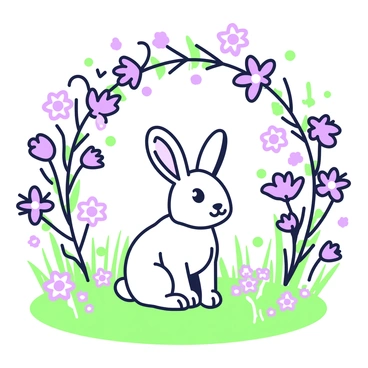 A frame made of various wildflowers encircles a curious bunny in a meadow. The wildflowers are abundant, featuring a mix of shapes and sizes, creating a vibrant border. In the center, the bunny has soft fur and large ears, looking inquisitive as it sits on the green grass. The meadow is expansive, filled with more wildflowers scattered throughout the background, with gentle blades of grass swaying slightly in a mild breeze. The bunny's whiskers twitch as it observes its surroundings with bright eyes.