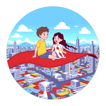 Two children, a boy and a girl, are seated side by side on a vibrant red magic carpet that is soaring high above a bustling cityscape. The boy has short brown hair, wearing a bright yellow t-shirt and denim shorts, while the girl has long braided black hair and is dressed in a colorful sundress. Below them, the city is filled with tall buildings, colorful rooftops, and busy streets with tiny cars and people moving about. The sky is a bright blue, dotted with fluffy white clouds, creating a cheerful backdrop for their magical adventure.