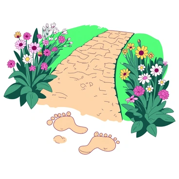 A series of footprints in the sand lead along a cobblestone path that weaves through a vibrant flower garden. The cobblestones are set in a pattern, contrasting with the lush greenery surrounding them. To the sides of the path, various flowers bloom in a mix of colors, displaying their petals in full bloom. The scene captures the intricate details of the flowers, with some bending slightly towards the sunlight while others stand tall. The footprints appear fresh, as if someone has just walked through the garden, adding a sense of life to the tranquil setting.