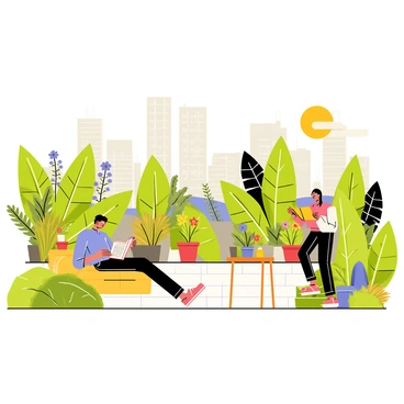 A modern city rooftop garden filled with a variety of vibrant green plants, including tall ferns, colorful flowers, and potted herbs. Several people are scattered throughout the garden, lounging on comfortable seating. One person is reading a book while sitting on a large cushion, another is enjoying a drink at a small table surrounded by plants. In the background, the skyline of the city can be seen, with tall buildings partially obscured by the greenery of the garden. The sun is shining, casting warm light over the scene.