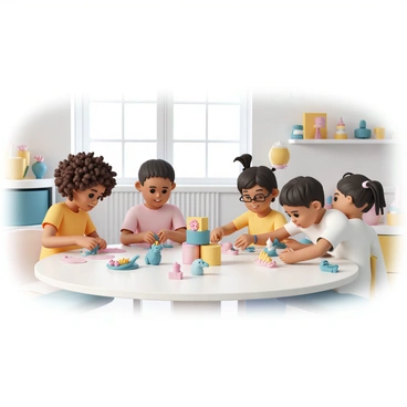Several children are gathered around a large, circular table in a bright studio filled with natural light. Each child is focused on their individual projects, using their hands to mold colorful clay into various shapes and figures. One child, with curly brown hair, is creating a small dinosaur, while another, with straight black hair in pigtails, is shaping a vibrant flower. A third child, wearing glasses, is stacking small clay blocks to build a tower. The walls of the studio are lined with shelves filled with completed sculptures and art supplies, enhancing the creative atmosphere. Light streams in through large windows, illuminating their concentrated expressions and the colorful clay scattered across the table.
