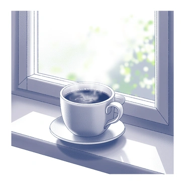 A steaming cup of coffee on a windowsill with morning sunlight streaming through