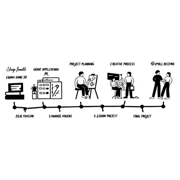 A black-and-white illustration depicting a timeline that begins with a "Grant Application" stage, where a stack of papers and a pen are visible. Next, the timeline progresses to a "Project Planning" stage featuring a large calendar with marked dates and a checklist. The following section labeled "Creative Process" shows an artist working at an easel with paintbrushes and sketches scattered around. The timeline continues to a "Final Review" phase, where a group of people are gathered around the artwork, discussing it. Finally, the end of the timeline is marked by a "Finished Project" stage, showcasing the completed artwork displayed on a wall with a small plaque underneath it. Each stage of the timeline is connected by arrows, emphasizing the progression of the artist's journey.