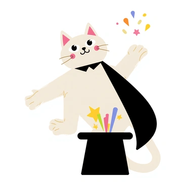A cute cat with fluffy white fur is wearing a shiny black magician's cape. The cat is standing on its hind legs, its front paws raised as if performing a trick. In front of the cat, there is a classic black top hat with a colorful burst of confetti and a shiny star emerging from it. The background is a simple light color that accentuates the cat and the hat. The expression on the cat's face is focused and playful, capturing the essence of a magician in action.
