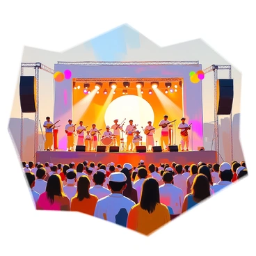 A lively music festival stage set in an outdoor venue, featuring performers dressed in traditional attire representing various cultures. The stage is adorned with colorful decorations and lights. Musicians are playing instruments such as drums, flutes, and guitars, while dancers in vibrant costumes showcase their cultural heritage. The audience, filled with people of diverse backgrounds, is energetically enjoying the performance. The atmosphere is filled with excitement, and the sun is setting in the background, casting a warm glow over the scene.