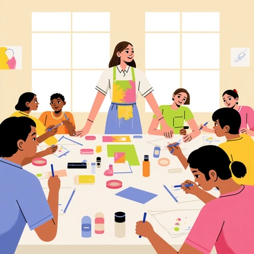 Becca Hall is standing at the front of a spacious community center room, guiding a group of participants. She has shoulder-length brown hair and wears a colorful apron covered in paint splatters. Around her, tables are filled with various art supplies, including brushes, paints, and sketch pads. Participants of different ages and backgrounds are focused on their work, creating their own illustrations. Some are using vibrant watercolors, while others are sketching with pencils. The walls of the community center are adorned with previous artworks created by the community, adding a lively atmosphere to the workshop. Bright sunlight streams in through large windows, illuminating the creative scene.