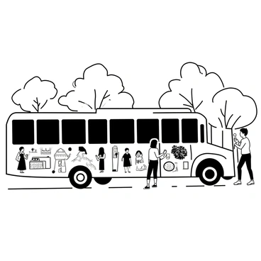 A bus parked on a street, its surface covered in a detailed mural showcasing various elements of local culture. The mural features intricate designs including traditional clothing, local landmarks, and symbols representing the community's heritage. The bus has large windows reflecting the surrounding environment. There are trees lining the street in the background, and a few people walking nearby, observing the bus. The scene is bustling with life, giving a sense of community engagement.