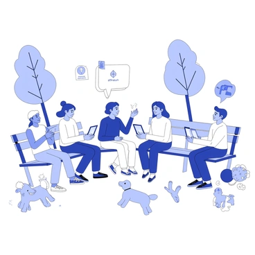 A diverse group of several individuals is sitting together on benches in a busy urban park. Each person is focused on their smartphone, displaying the Ethereum logo on their screens. The users represent various ethnic backgrounds and ages, showcasing inclusivity. Some people are exchanging ideas, while others are taking notes. Surrounding them are tall trees, people walking dogs, and children playing nearby. The park is filled with light activity, such as joggers passing by and groups of friends having picnics, adding a vibrant energy to the scene.