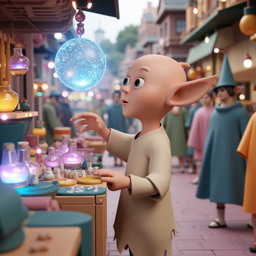A house-elf, named "Dobby," with large, expressive eyes and large ears, is standing in a bustling magical market. He is wearing a simple, tattered pillowcase as clothing. Surrounding him are various enchanted items and trinkets displayed on colorful stalls. There are shimmering potions in glass bottles, each glowing with vibrant colors, and small enchanted creatures peeking out from behind items. "Dobby" reaches out to examine a sparkling, floating crystal orb that hovers above a wooden table laden with an array of magical artifacts. The atmosphere is lively, with other magical beings and wizards walking past, creating a sense of wonder and adventure.