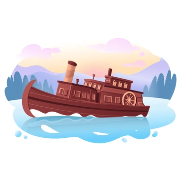 A vintage sternwheeler paddleboat is gliding smoothly along a tranquil river. The boat features an ornate wooden exterior with intricate details, and its large paddlewheel is gently churning the water. The river reflects warm hues of orange, pink, and purple from the sunset sky, creating a gradient effect on the surface. Silhouettes of trees line the riverbank, adding depth to the scene. In the background, rolling hills are visible under the softly colored sky.