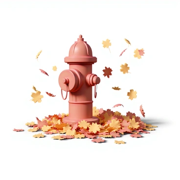 A red fire hydrant, standing tall and shiny, is surrounded by a thick blanket of colorful autumn leaves. The leaves are vivid shades of orange, yellow, and red, scattered all around the base of the hydrant. Some leaves are still attached to the branches of nearby trees, while others are gently falling, adding to the natural scene. The ground is covered, creating a beautiful contrast with the bright red of the hydrant. Sunlight filters through the trees, casting soft shadows on the ground.