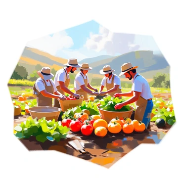 A group of farmers is harvesting crops on an organic farm set against a backdrop of rolling hills. The farmers, wearing wide-brimmed hats and light clothing, are carefully gathering ripe vegetables and fruits from the rows of plants. Various types of crops, including vibrant green lettuce, plump tomatoes, and bright yellow squash, are visible throughout the fields. The sun casts a warm light over the scene, highlighting the lush greenery of the hills in the distance and the rich soil of the farm. A few farm tools, such as baskets and hand trowels, are scattered around as the farmers work diligently.