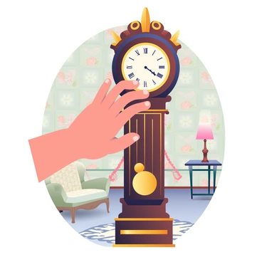 A hand adjusting the time on a grandfather clock in a vintage room