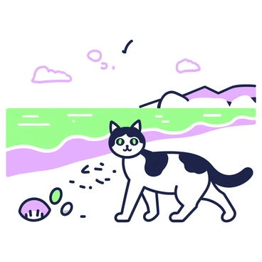 A black-and-white cat is strolling along a sandy beach. The cat has distinct patches of black and white fur, with bright eyes looking curiously at its surroundings. The beach stretches out with small dunes in the background and gentle waves lapping at the shore. Seagulls can be seen flying in the clear sky above. The cat's footprints are visible in the sand, leading away toward a collection of seashells scattered nearby.