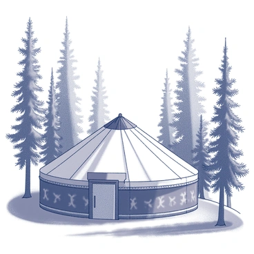 A yurt with a circular structure and a conical roof is situated on the forest floor. The exterior of the yurt is adorned with traditional patterns. Tall pine trees surround the yurt, their trunks straight and sturdy, reaching toward the sky. Sunlight filters through the branches, casting intricate patterns of light and shadow on the ground. The scene conveys a sense of tranquility and connection to nature, with the forest enveloping the yurt in a protective embrace.