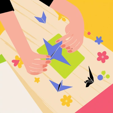 A wooden table filled with vibrant origami paper in various colors such as red, blue, yellow, and green. A person is sitting at the table, intently folding a piece of bright blue paper into a crane. The person's hands are delicately creasing the paper, showcasing the intricate folds. Scattered around the table are completed origami figures, including butterflies and flowers, adding to the colorful scene. The background is blurred to emphasize the activity at the table.