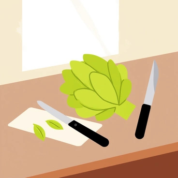 A kitchen counter made of dark wood with various utensils scattered around. An artichoke sits in the center, its leaves opened slightly, showcasing its green color. A sharp silver knife is positioned next to the artichoke, and a small cutting board with a few discarded leaves lies nearby. Natural light streams in from a window, creating soft shadows on the counter's surface.