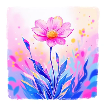A single flower stands upright with delicate petals in soft gradient colors of pink and lavender. The background features gentle hues that melt into one another, creating a hazy, out-of-focus effect. The flower has a long, slender stem and subtle droplets of dew on its petals, enhancing its fresh appearance. The overall scene conveys a sense of lightness and tranquility, emphasizing the flower's beauty in a gentle atmosphere.