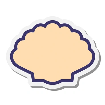 A scallop shell with water droplets glistening on its surface, resting on a sandy beach.