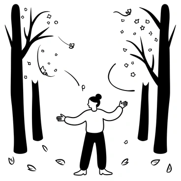 A preacher with outstretched hands standing in a park, surrounded by tall trees. Leaves are swirling around him as they are lifted by a gentle breeze. In the air, whispers of words like "Wisdom" and "Peace" are represented as flowing lines moving with the wind. The ground is covered with fallen leaves creating a natural carpet. The preacher's attire is simple and flowing, complementing the serene atmosphere of the park.