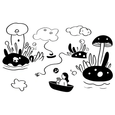 A girl with long hair sits in a tiny boat gently gliding down a winding river. The riverbanks are lined with oversized mushrooms and fantastical plants, creating a whimsical atmosphere. The water is smooth, reflecting the intricate shapes of the flora on either side. Above, the sky is filled with unusual clouds and abstract shapes, enhancing the dreamlike quality of the scene. In the boat, various small items, like a teacup and a playing card, float around her, hinting at a surreal adventure. There are ripples in the water, indicating the gentle movement of the boat.