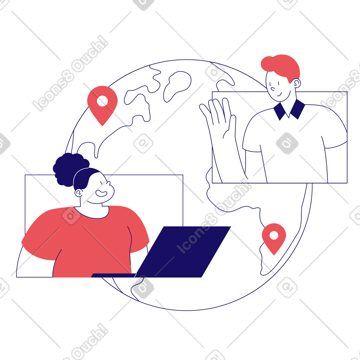 Illustration animée Appel en ligne depuis différentes parties du monde dans le style Bendy à télécharger aux formats GIF, Lottie (JSON), AE