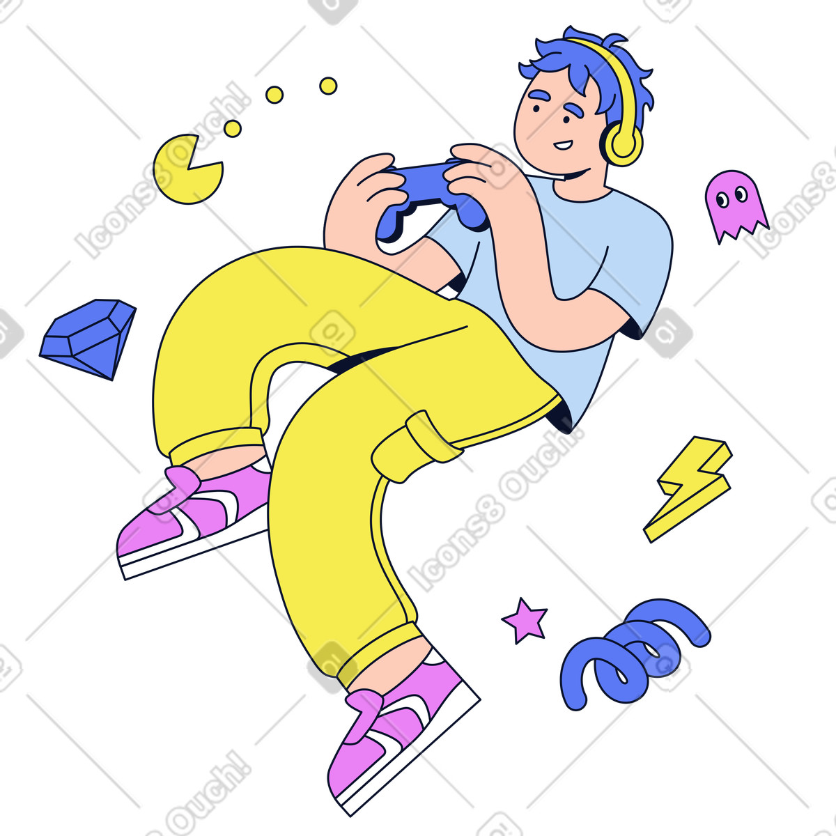 Ilustración Joven con gamepad jugando videojuegos en estilo Flexy a descargar en PNG y SVG