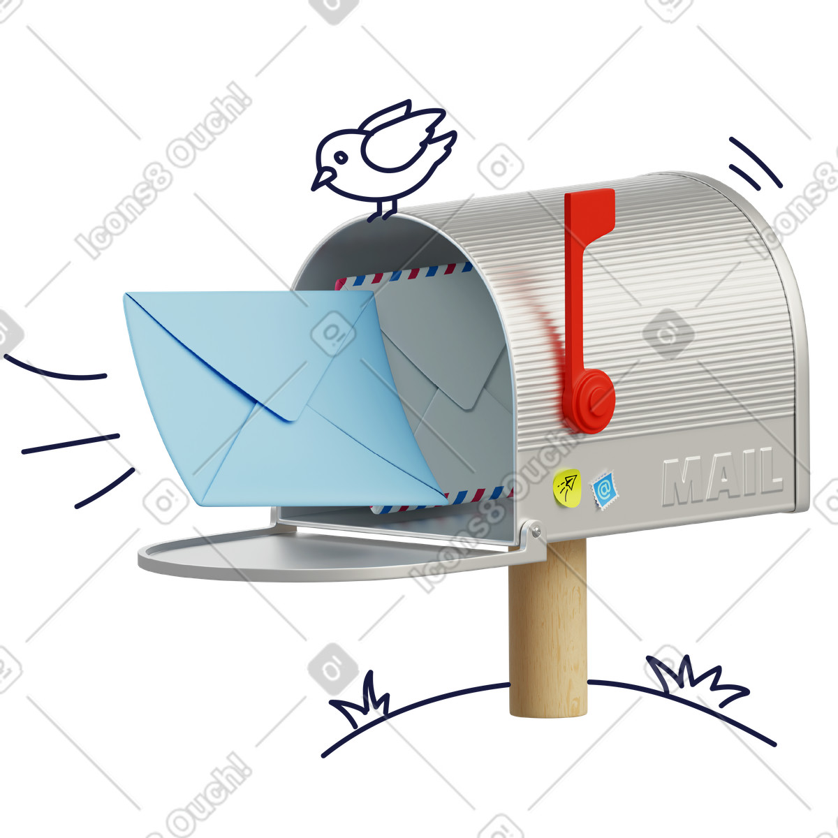 Ilustración animada Buzón abierto con sobres, notificación de mensajes y correspondencia en estilo 3D Surfaced a descargar en GIF, Lottie (JSON), AE
