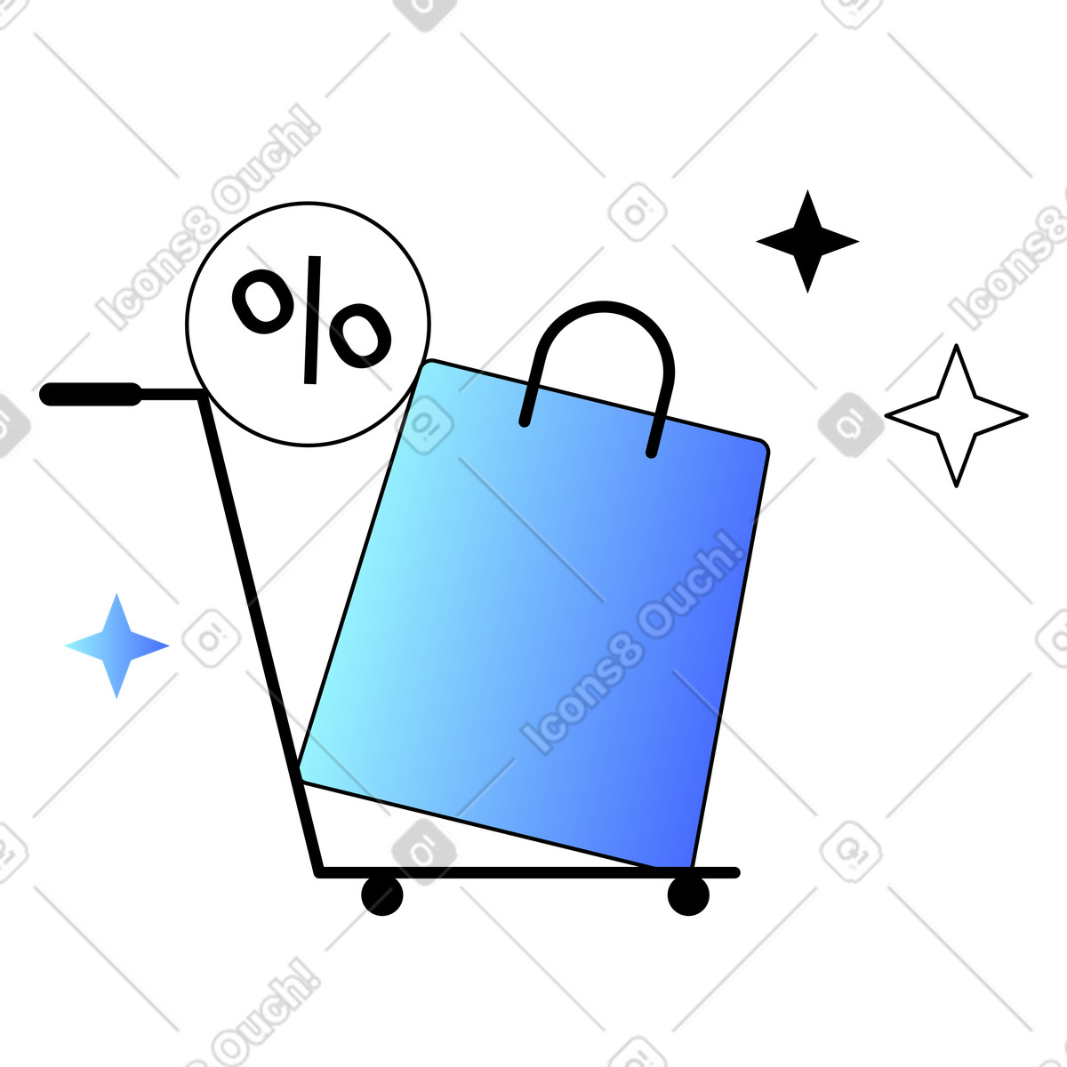Ilustración Trolley with shopping bag and percent sign, Sale or price reduction concept en estilo Azure a descargar en PNG y SVG