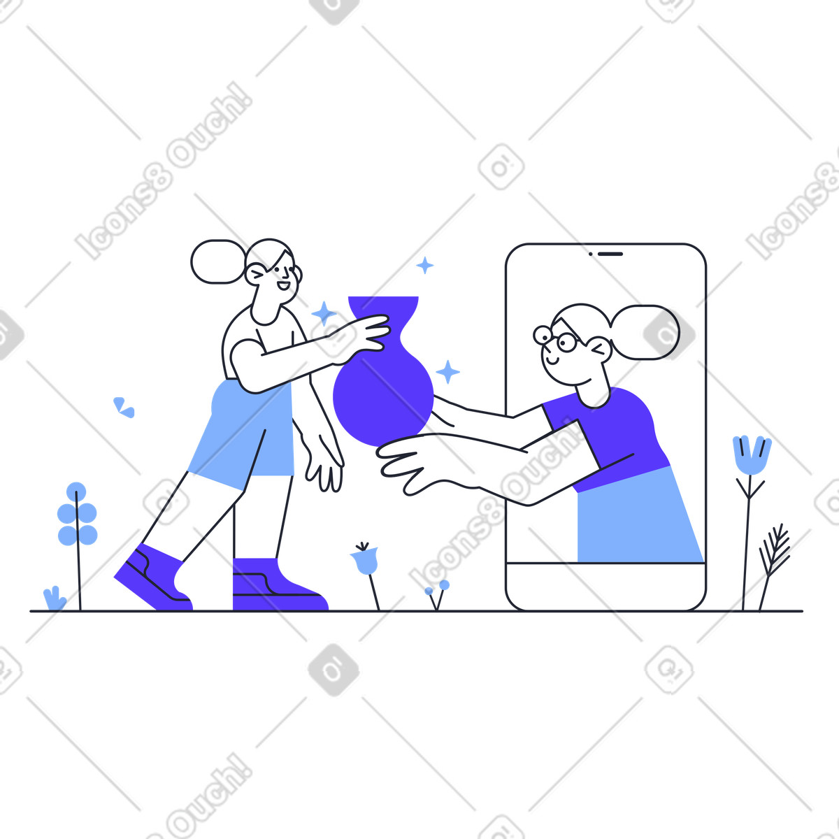 Ilustração de Woman shows the vase through cell phone and next to her is interest em no estilo Pablita para baixar em PNG, SVG