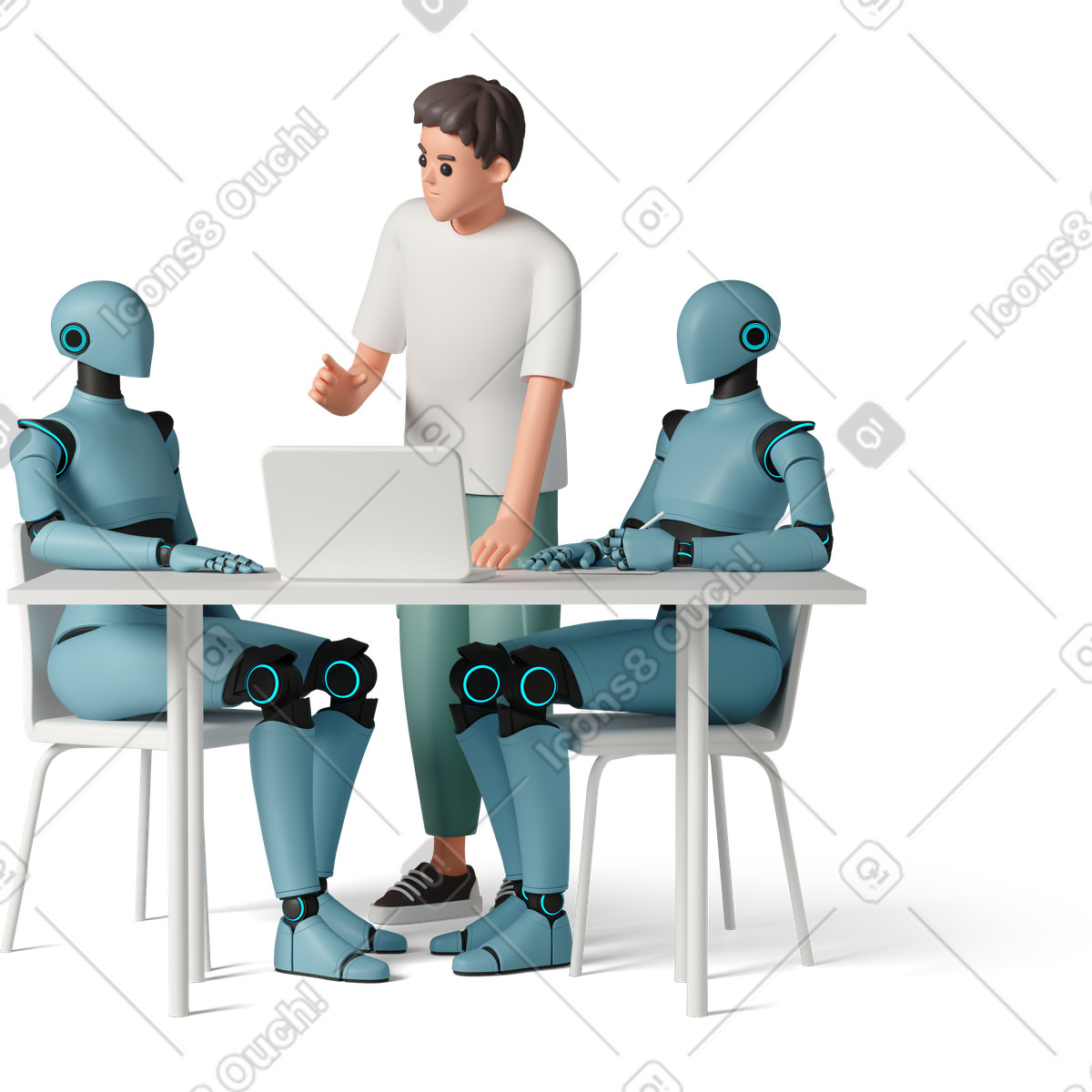 Technological teamwork with human and artificial intelligence robots illustration in 3D Casual life style download in PNG, SVG