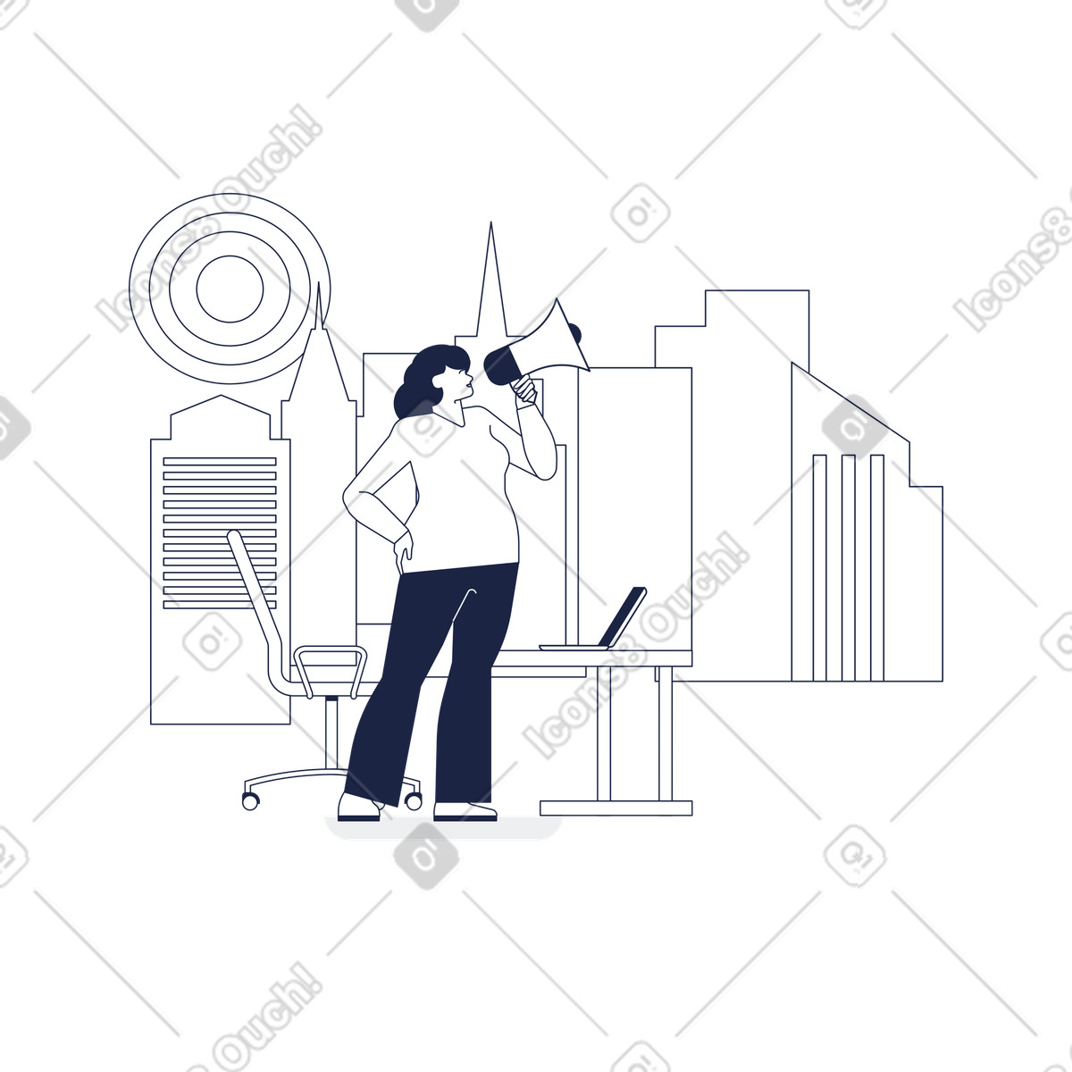 Office worker broadcasting message in city setting, business advertising and public relations illustration Urban Line style download PNG, SVG
