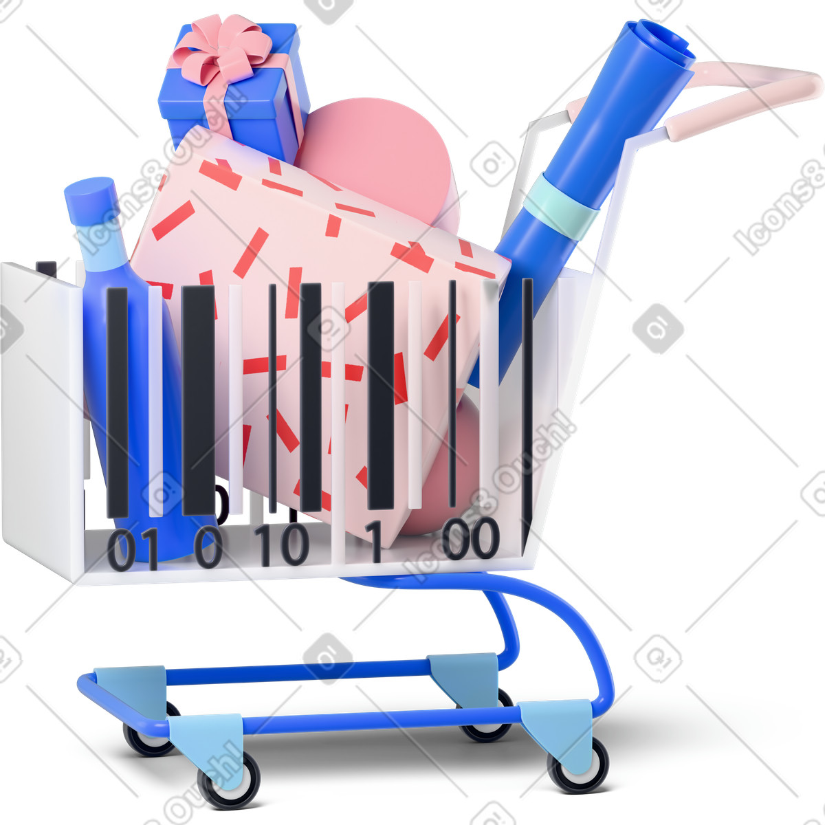 Ilustração animada de Shopping cart overflowing with gifts, Holiday season deals em no estilo 3D Editorial para baixar em GIF, Lottie (JSON), AE
