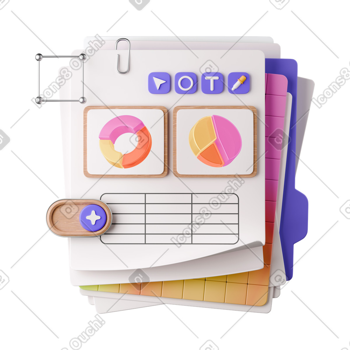 3D paper stack with diagrams and graphic tools animated illustration in Stickle style download in GIF, Lottie (JSON), AE