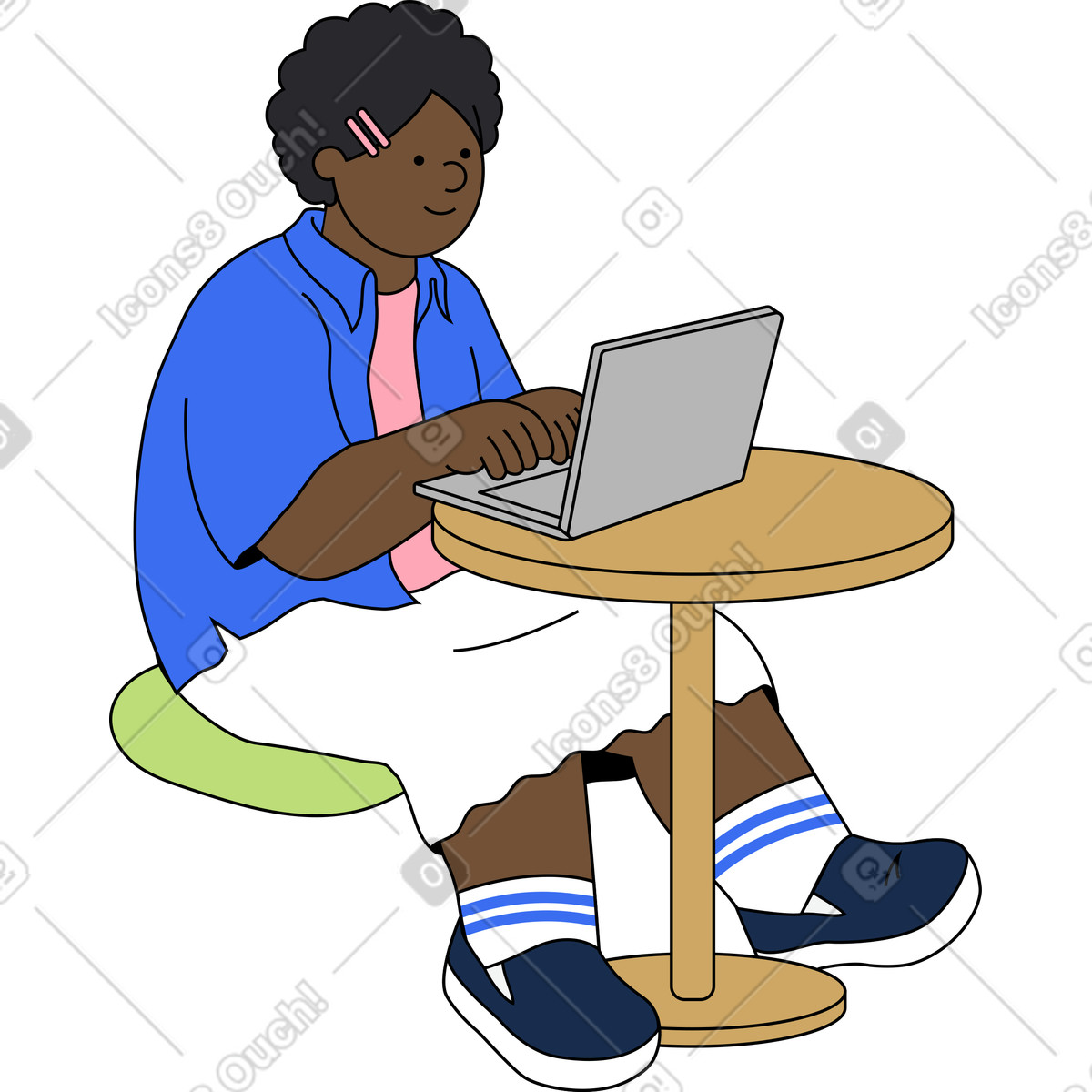 Illustration Femme assise avec un ordinateur portable derrière la table dans le style Kindy à télécharger aux formats PNG, SVG