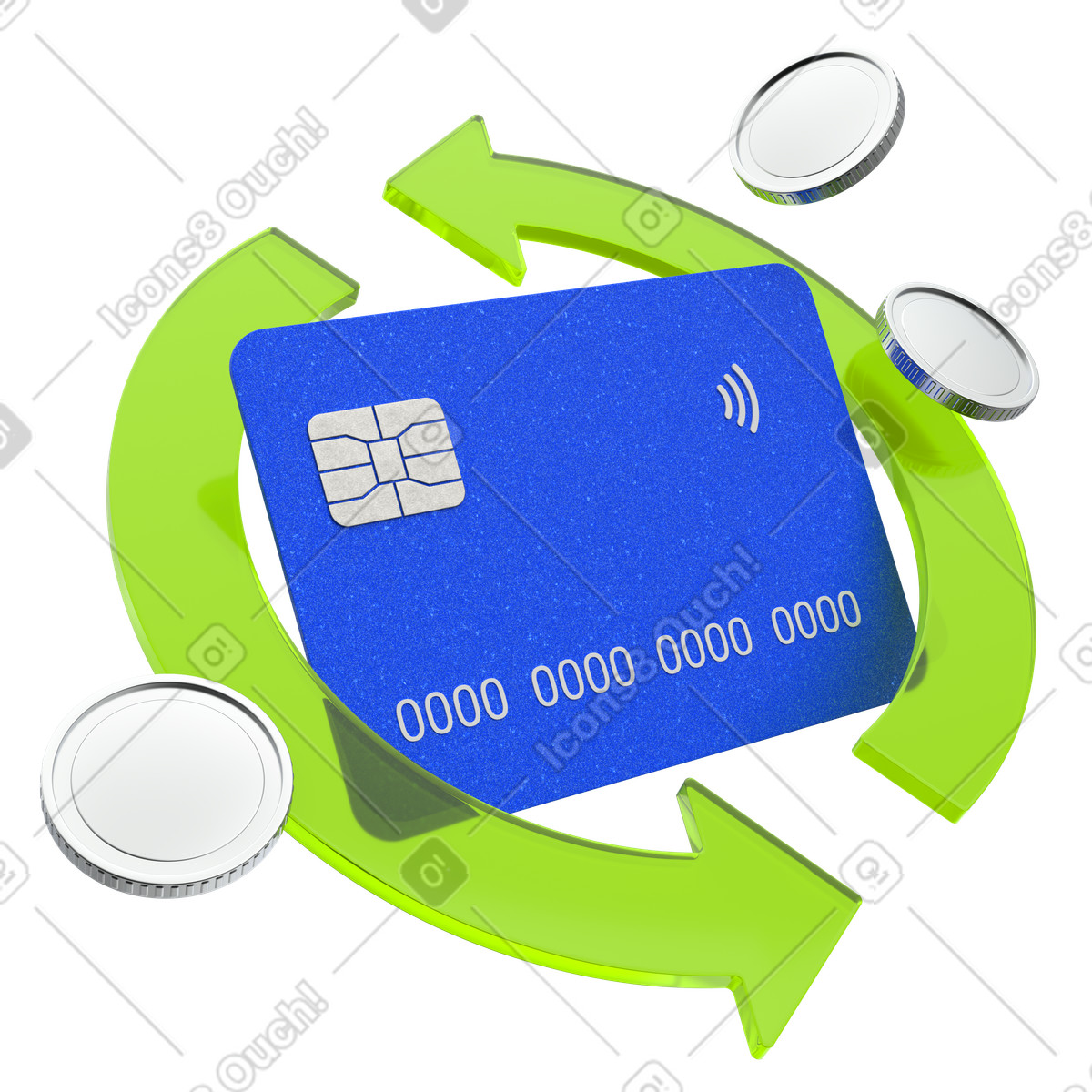 Cashback payment card, Money refund arrows, Banking rewards system illustration in 3D Enterprise style download in PNG, SVG