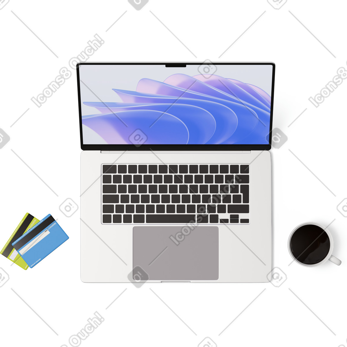 Illustration Vue de dessus d'un ordinateur portable, cartes crédit et d'une tasse dans le style 3D Hygge à télécharger aux formats PNG, SVG