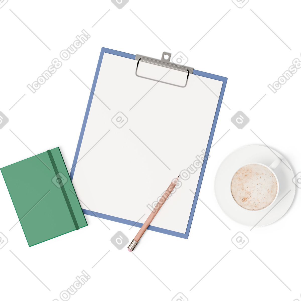 Ilustração de Vista superior da área transferência, notebook e xícara café em no estilo 3D Hygge para baixar em PNG, SVG