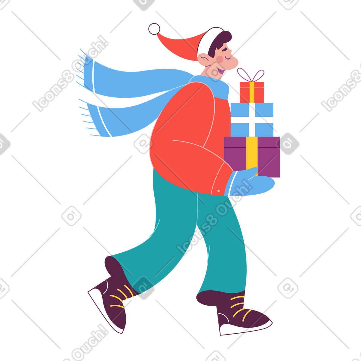 Man carrying christmas gifts animated illustration in Sammy style download in GIF, Lottie (JSON), AE