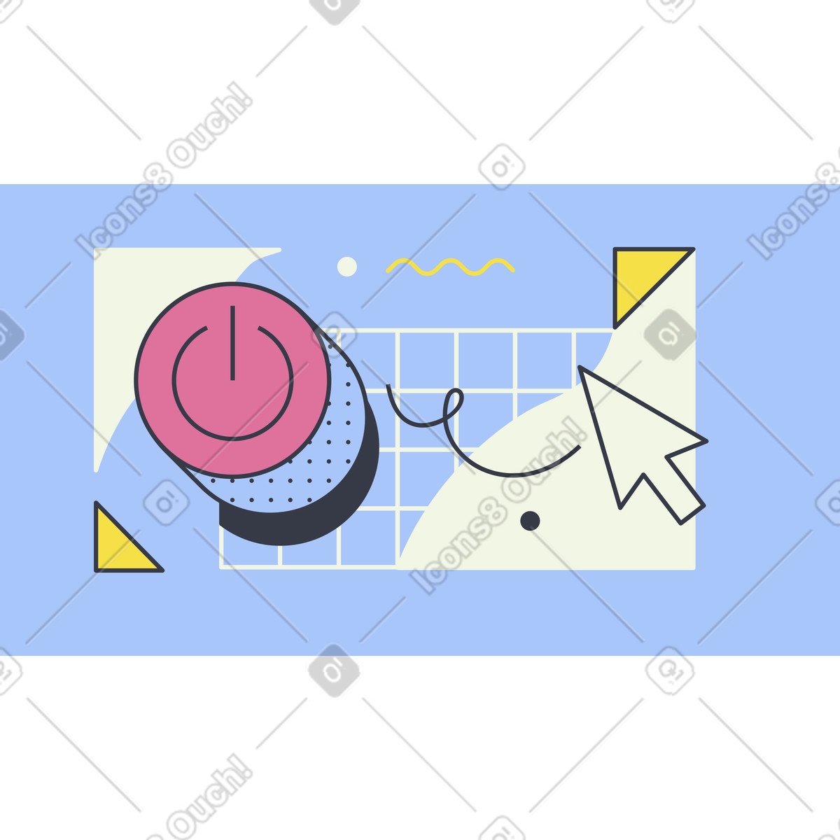 Cursor clicking power button, User logout or exit action animated illustration in Abstract style download in GIF, Lottie (JSON), AE