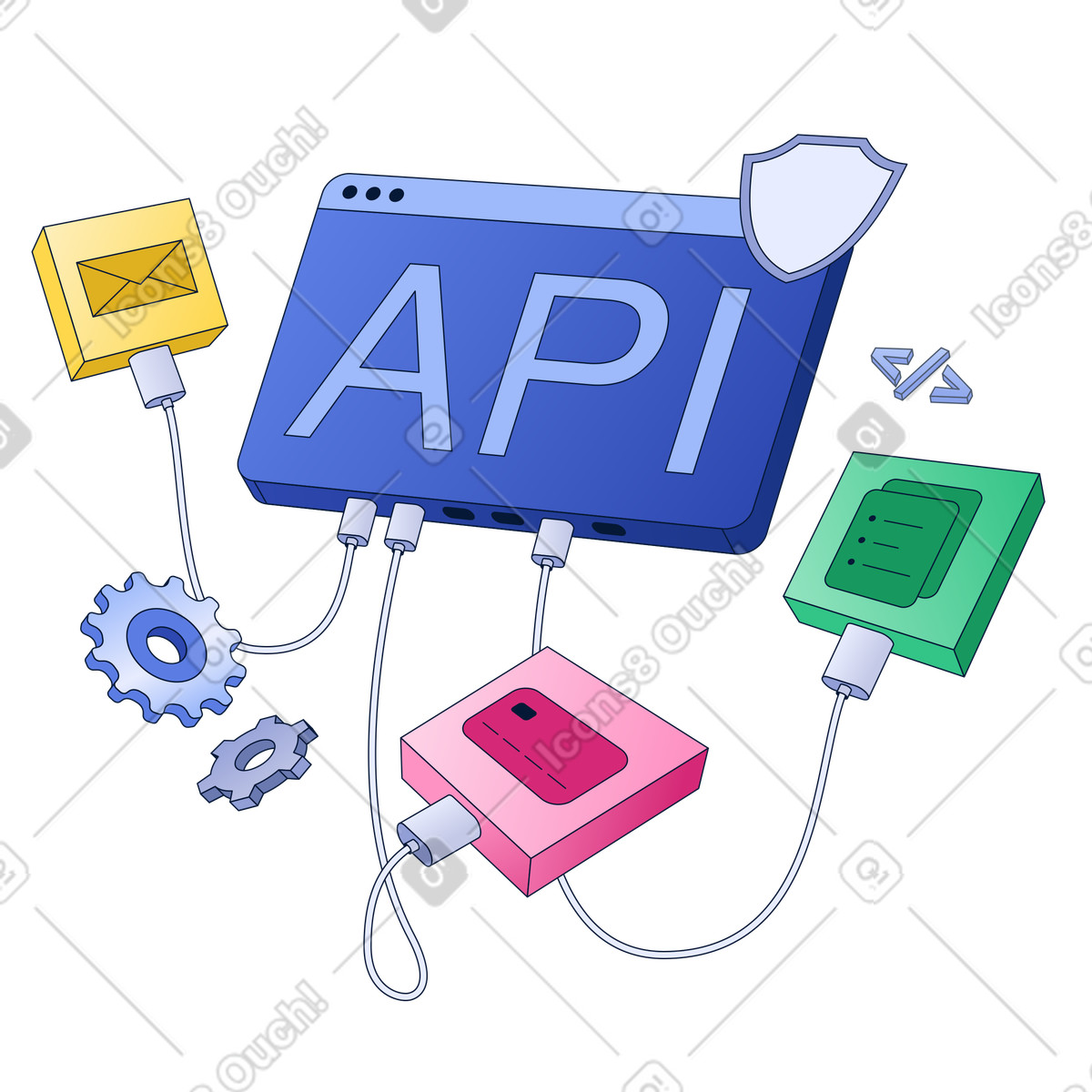 API dashboard with shield and connected services, Secure API integration illustration in PNG, SVG