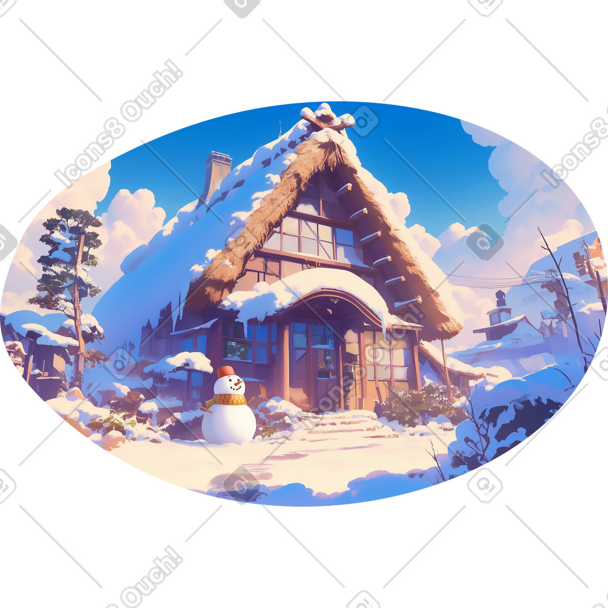 Winter house with snowman background illustration in Scenes style download in PNG, SVG