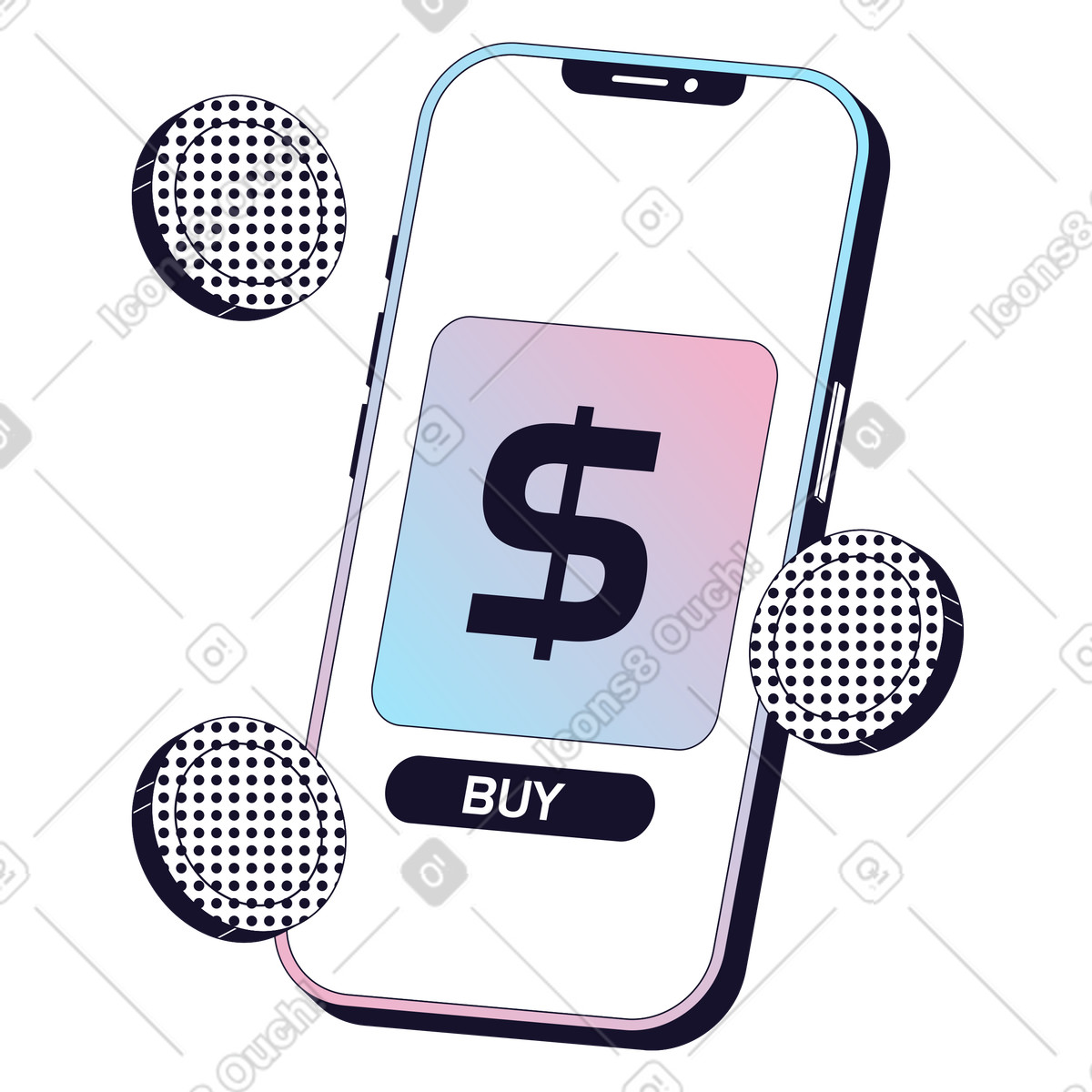 Acquisto di valuta mobile, app di pagamento digitale, trasferimento di denaro online illustrazione in stile Node scarica in PNG, SVG