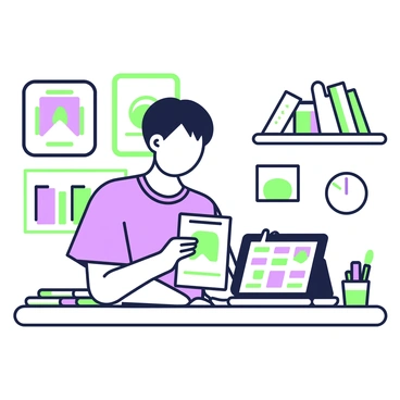 A person is sitting at a wooden table, holding a tablet in their hands. The tablet screen displays a grid of various stock illustrations, featuring colorful designs and images. The person has short hair and is wearing a casual shirt. Surrounding them are several art supplies, including a sketchbook and colored markers. In the background, there are shelves filled with books and framed artworks, adding to the creative atmosphere of the gallery.