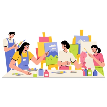 A group of five people participating in a painting workshop, each focused on their own canvas. One person is a woman with long brown hair wearing a blue apron, seated in front of a large canvas with bright red and yellow strokes. To her left, a man with glasses is mixing blue paint on a palette, concentrating on a landscape piece. On the right, a young woman with short hair is adding splashes of green to a floral painting. In the background, several colorful canvases of different sizes are propped against the wall, showcasing a variety of bright designs. The table in front is cluttered with jars of paint in vibrant colors, brushes of different sizes, and palettes smeared with paint, creating a lively and creative atmosphere.