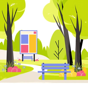 A city park where a digital billboard stands amidst tall trees and flowers