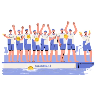 A water polo team wearing matching blue and white uniforms is gathered at the edge of a swimming pool. The team members are standing in a semi-circle, with some holding water polo balls. They are smiling and raising their arms in the air, forming a pyramid shape with their hands. In the background, the water is splashing slightly as teammates prepare to dive into the pool. A banner with the words "Go Team!" hangs on the side of the pool, and a few spectators can be seen in the stands, cheering and clapping.