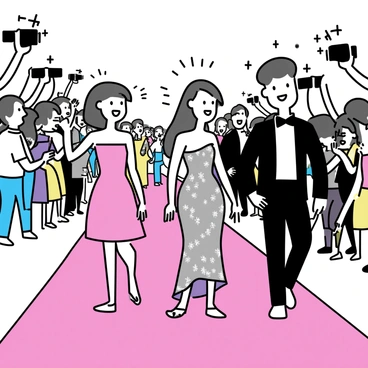 A group of celebrities is walking down a long red carpet, surrounded by a multitude of bright, flashing cameras. Each celebrity is dressed in elegant attire, showcasing a variety of colors and styles. One male celebrity is wearing a sleek black tuxedo, while a female celebrity next to him is in a shimmering silver gown that catches the light. Another female celebrity in a vivid red dress is posing confidently for the cameras. The backdrop features a crowd of fans and reporters eager to capture the moment. The atmosphere is filled with excitement as the celebrities interact, smiling and waving as they make their way down the carpet.